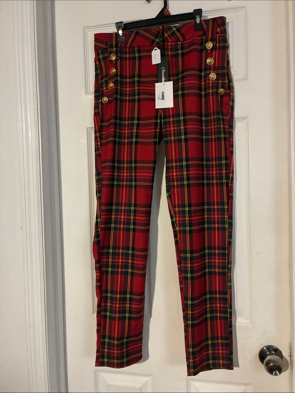 Red Plaid Pants with Gold Button Detail 39” length 27” inseam 15” waist